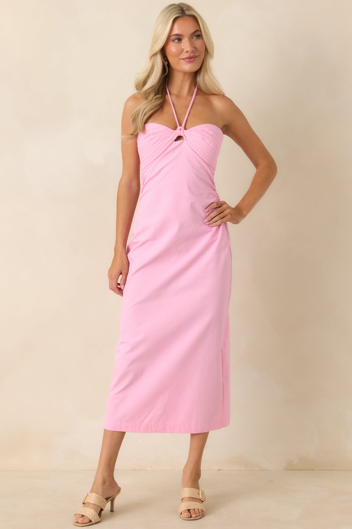 MINKPINK Gaia Pink Cotton Keyhole Detail Halter Midi Dress