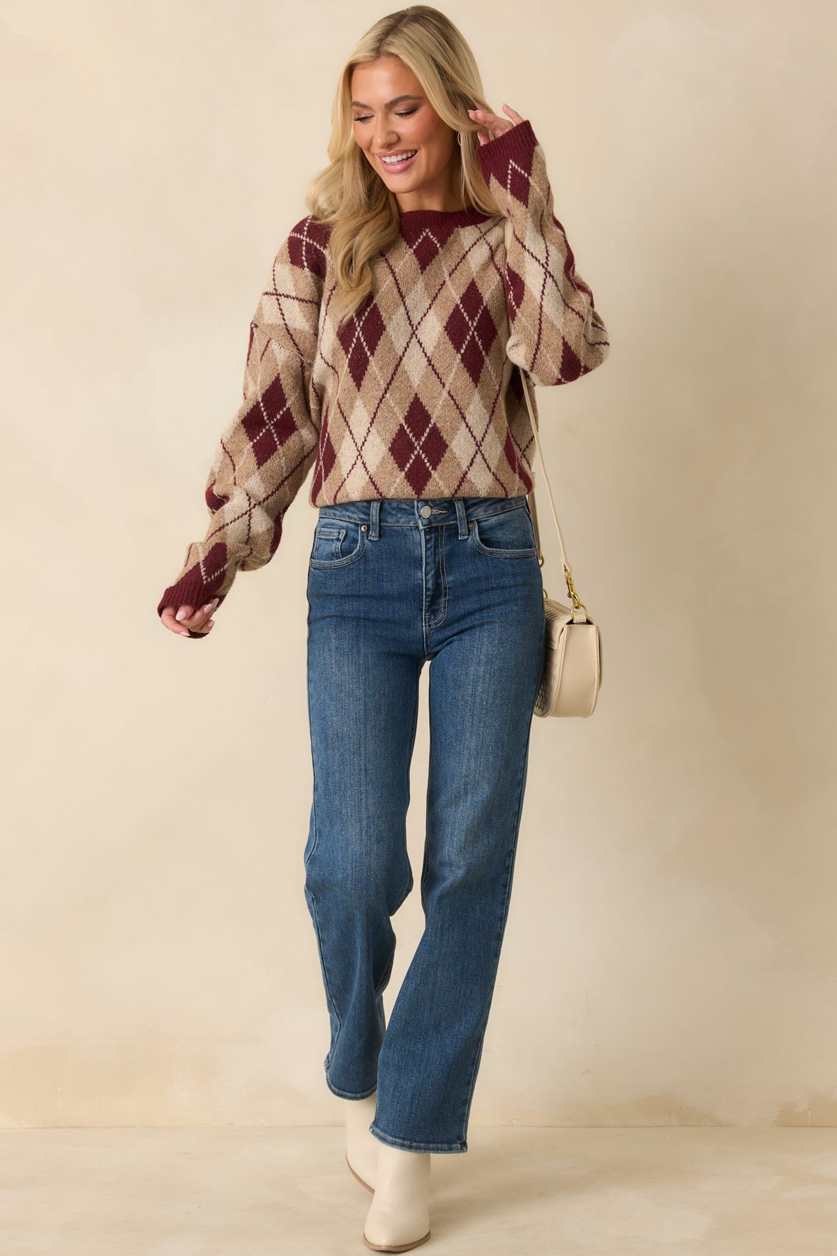 No Place Like Home Burgundy Multi Argyle Knit Sweater