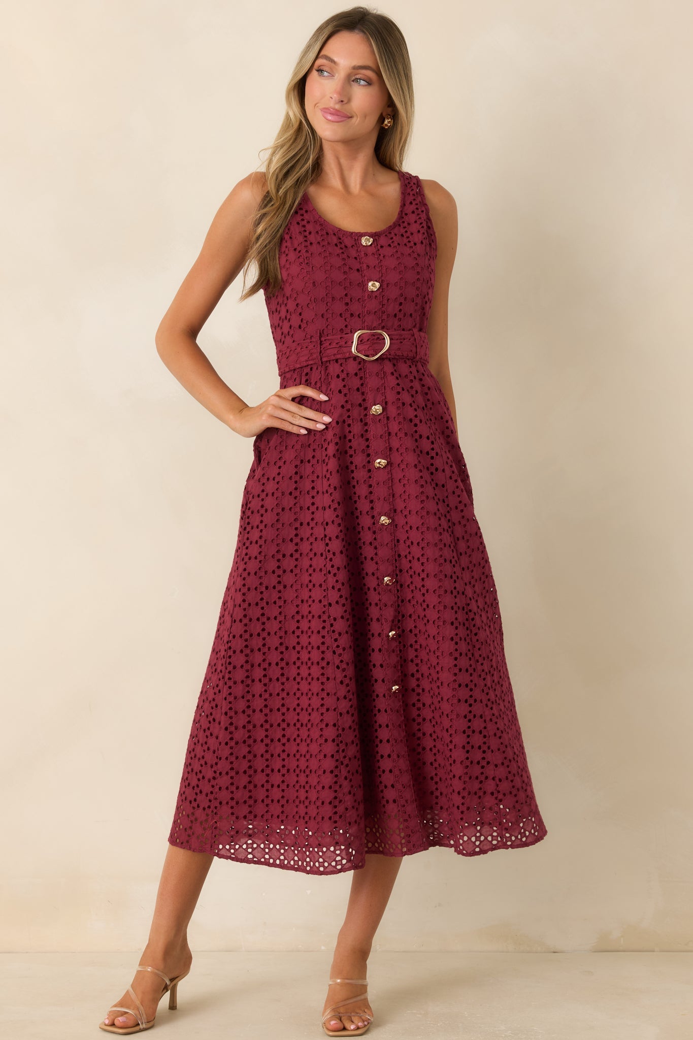 Garden Society Burgundy Cotton Eyelet Sleeveless Midi Dress