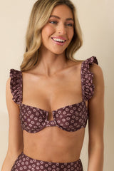 MINKPINK Sierra Burgundy Floral Ruffle Strap Bikini Top