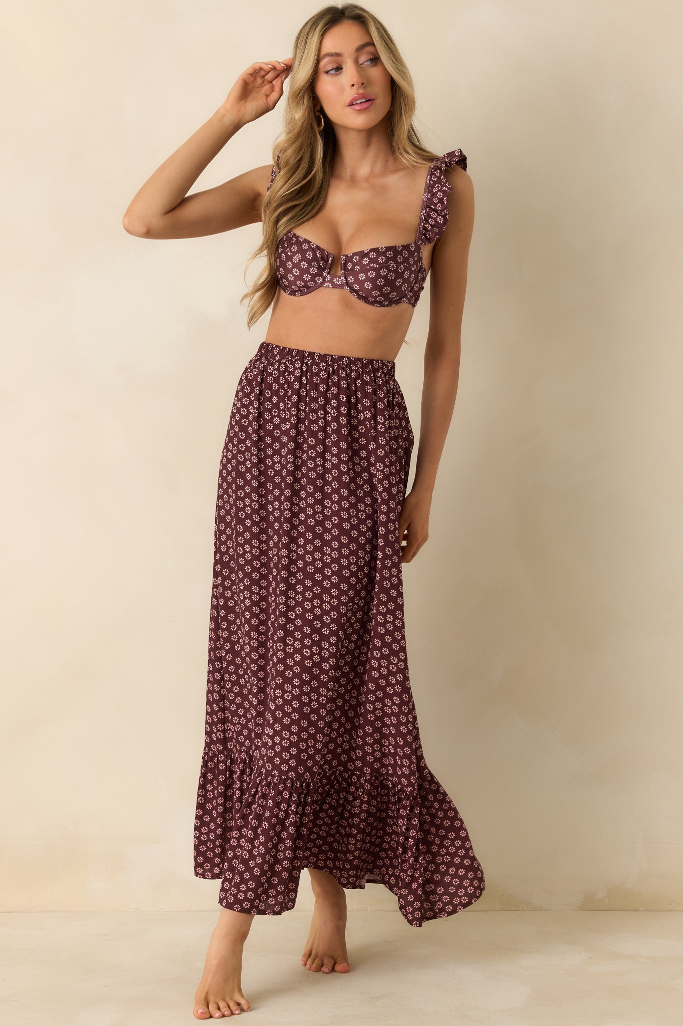 MINKPINK Sierra Burgundy Floral Ruffle Strap Bikini Top