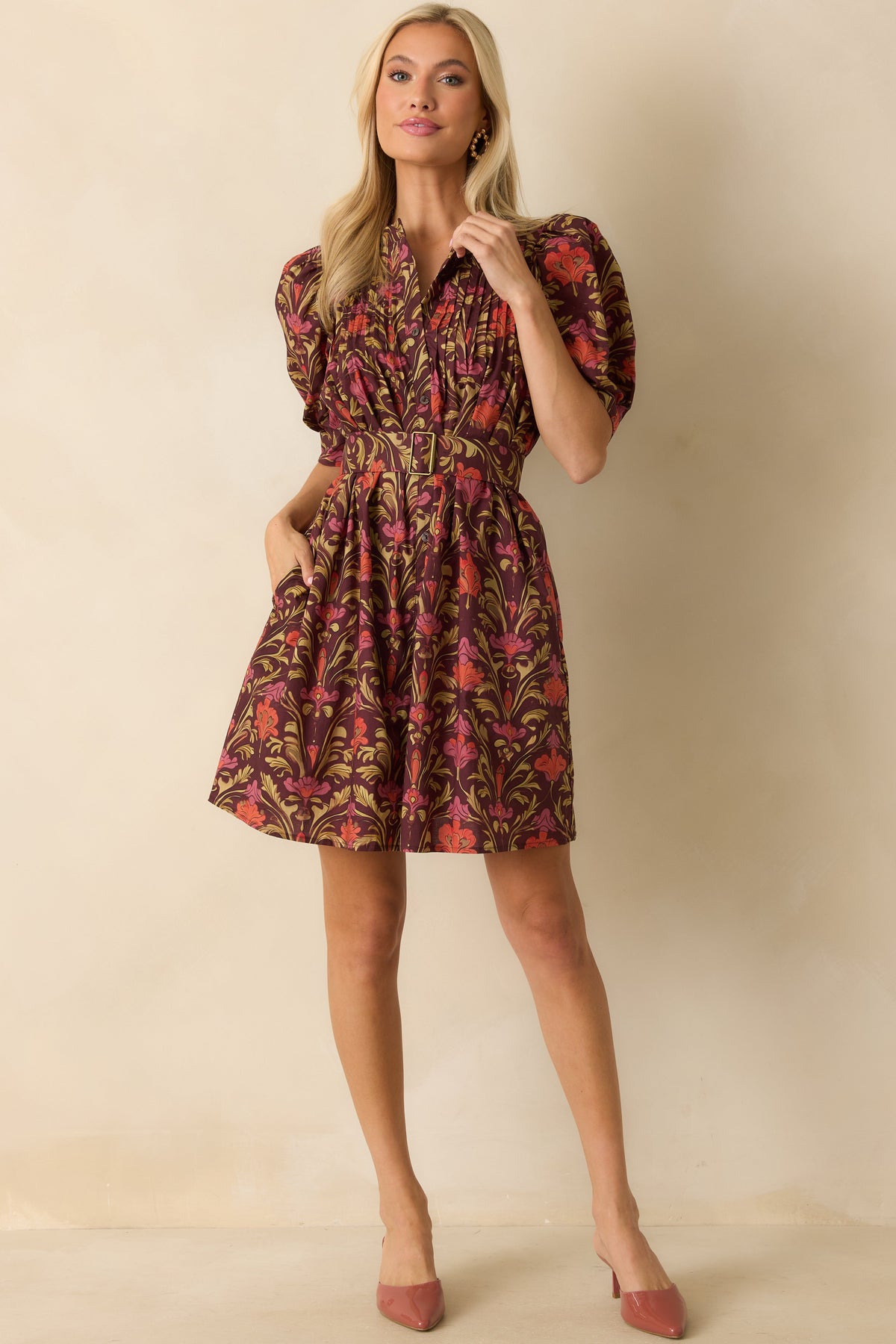 Flourish And Find Out Burgundy Multi Floral Print Cotton Mini Dress