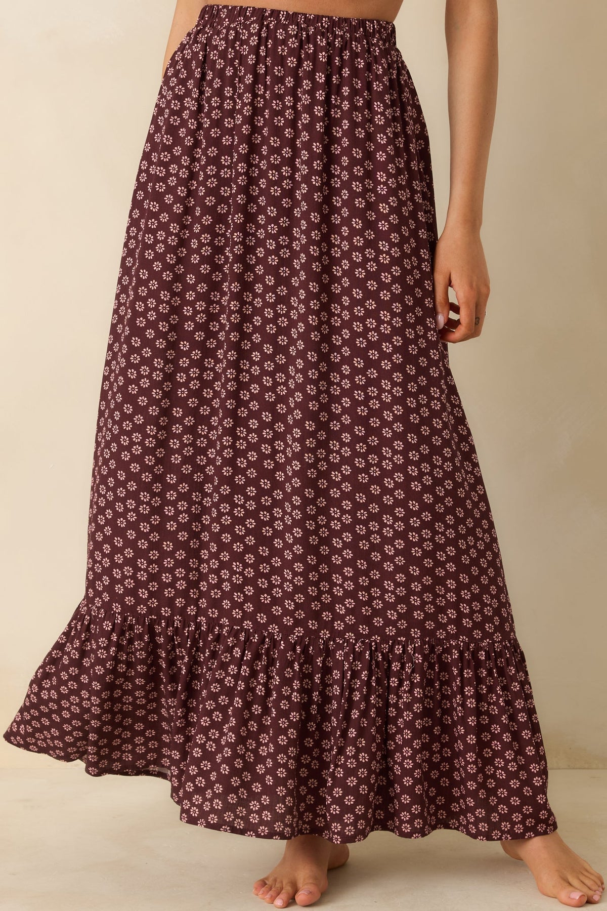 MINKPINK Sierra Burgundy Floral Ruffle Hem Maxi Skirt