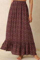 MINKPINK Sierra Burgundy Floral Ruffle Hem Maxi Skirt