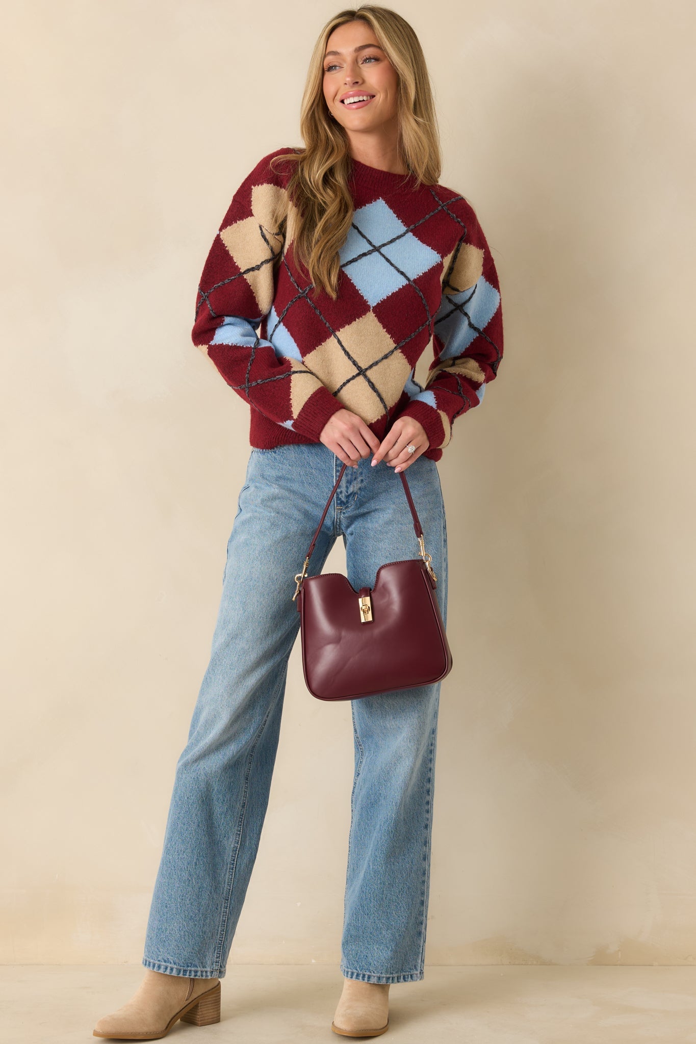 Check Back Later Burgundy Multi Argyle Knit Sweater