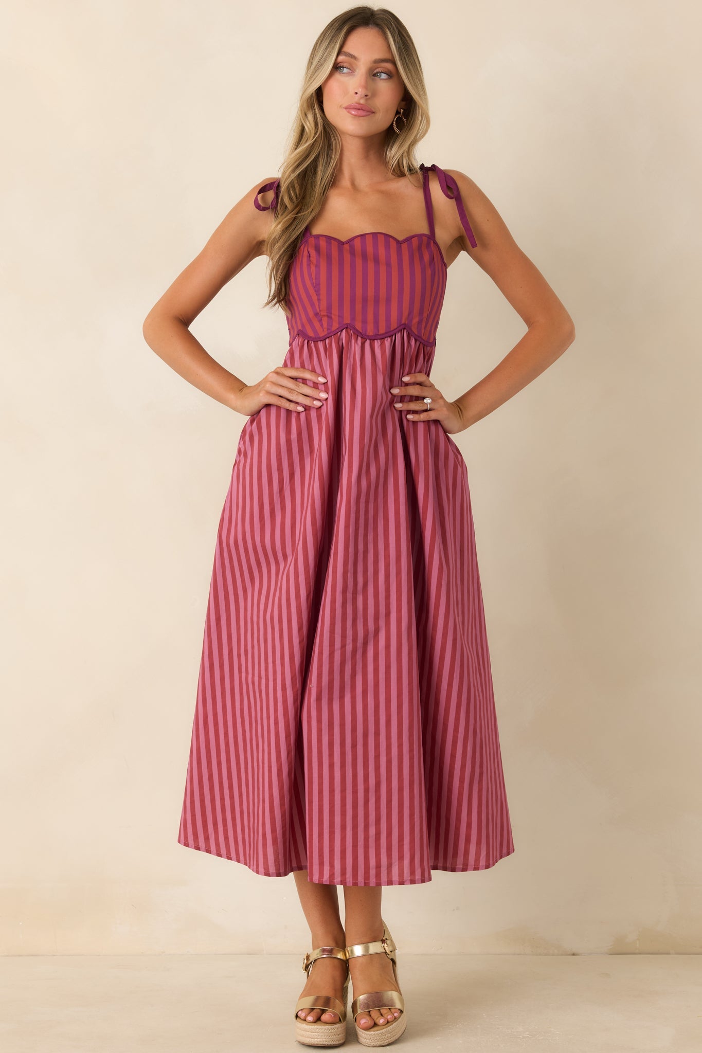 Wrong Place, Right Time Plum & Burgundy Stripe Cotton Midi Dress