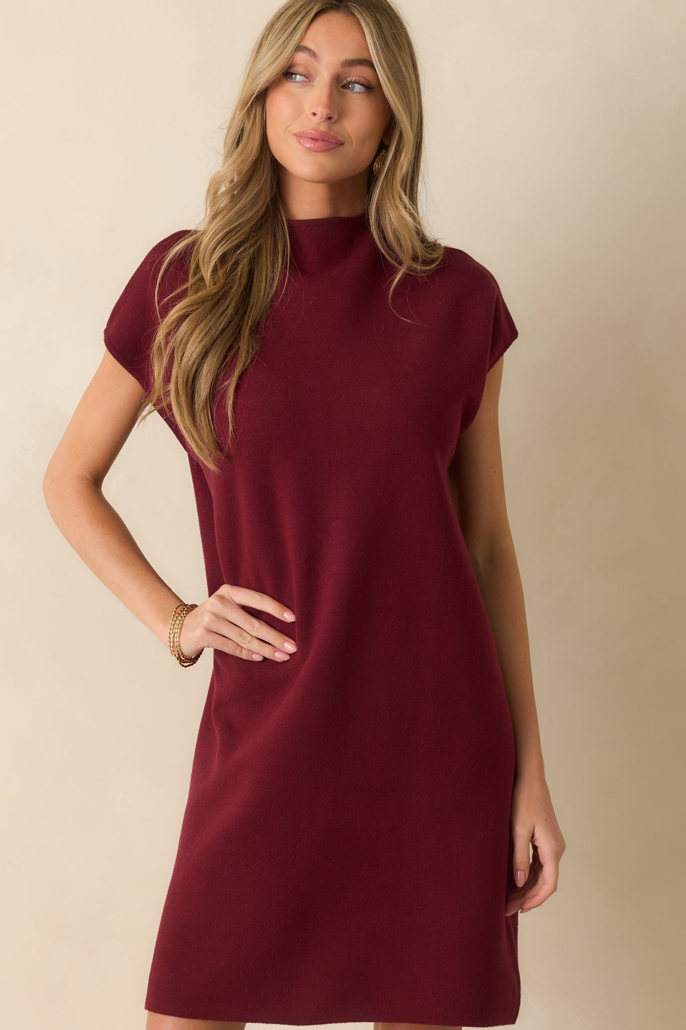 Make No Mistake Burgundy Knit Mock Neck Mini Dress