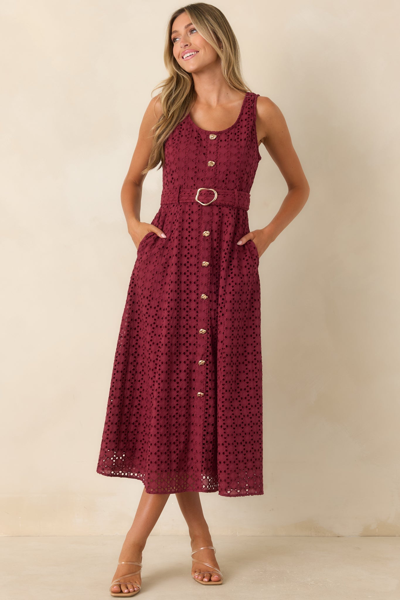 Garden Society Burgundy Cotton Eyelet Sleeveless Midi Dress