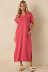 Made The Right Call Coral Pink Collared Midi T-Shirt Dress