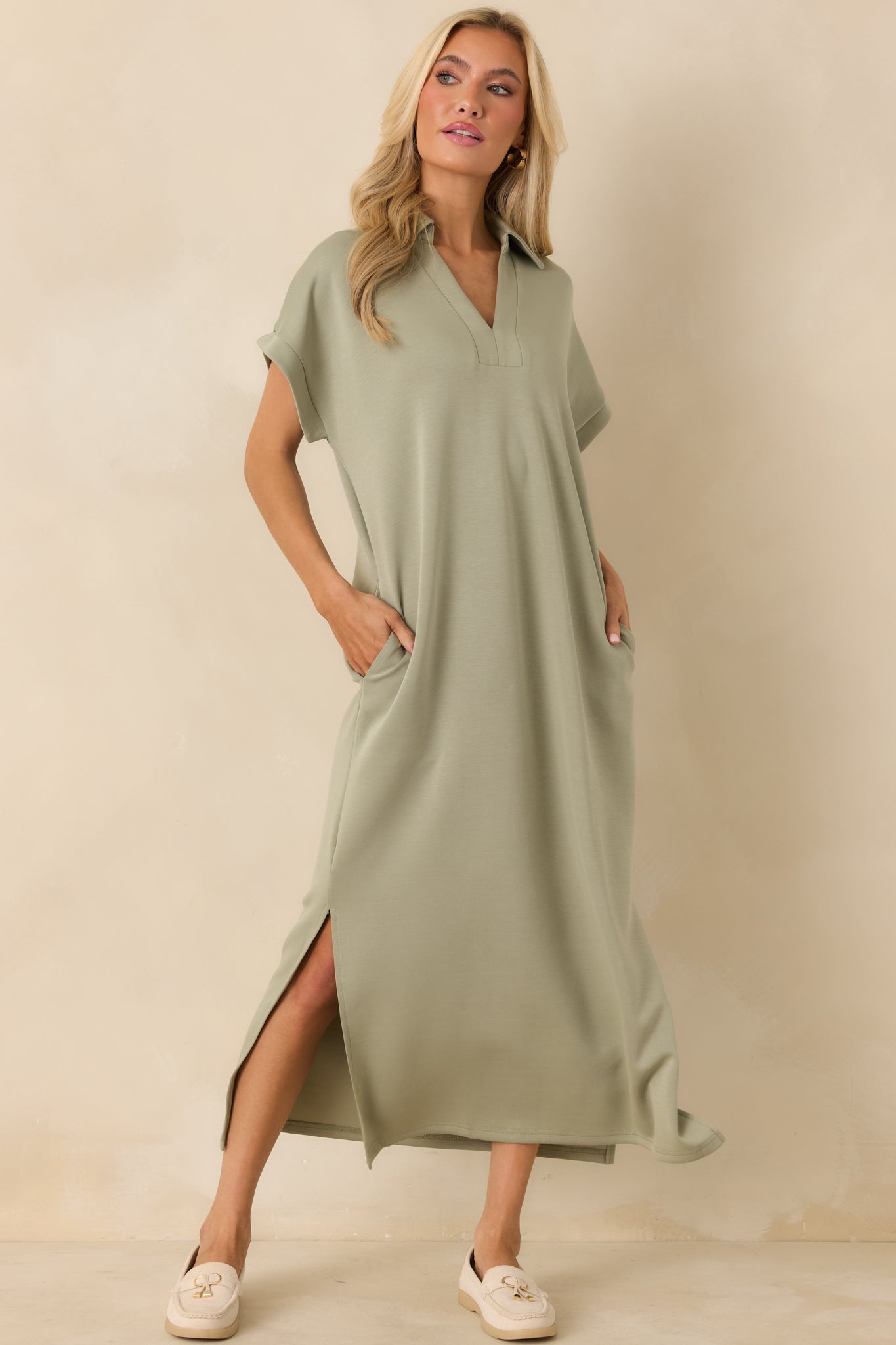 Made The Right Call Sage Green Collared Midi T-Shirt Dress