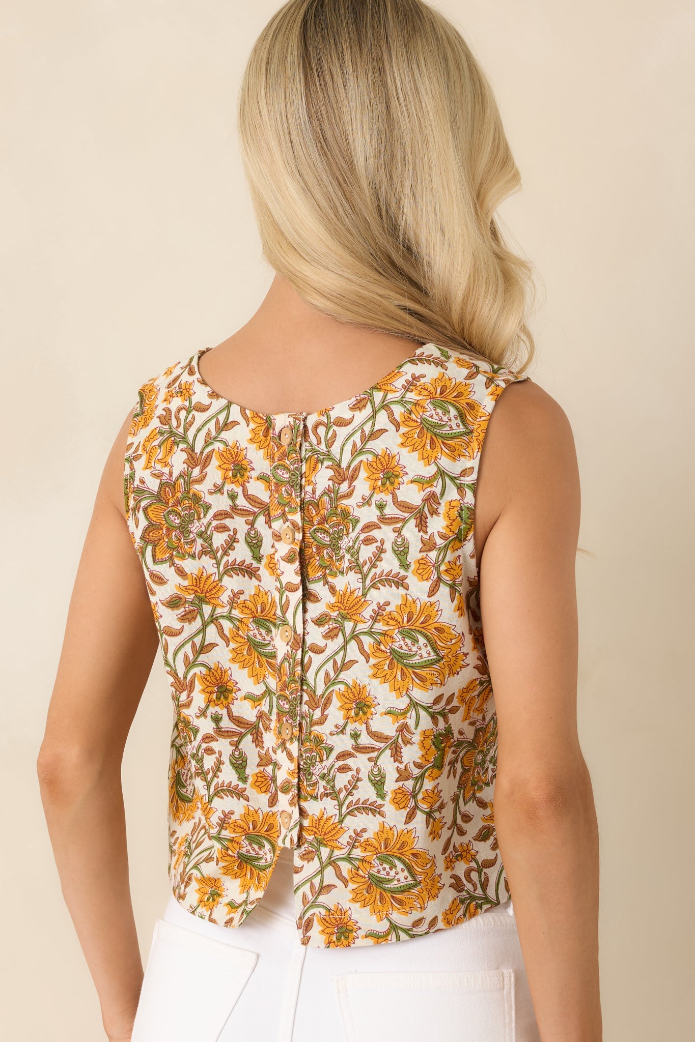 Easy to Love Marigold & Olive Green Floral Cotton Button-Back Top