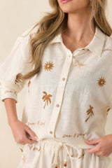 Driftwood Days Light Beige Cotton Coastal Embroidered Button Down Top