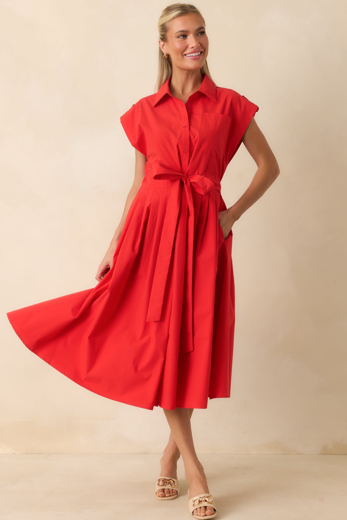 Prosperina Lana Cherry Red Cotton Button-Front Midi Dress