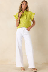 Say Less Chartreuse Stripe Cotton Ruffle Trim Blouse