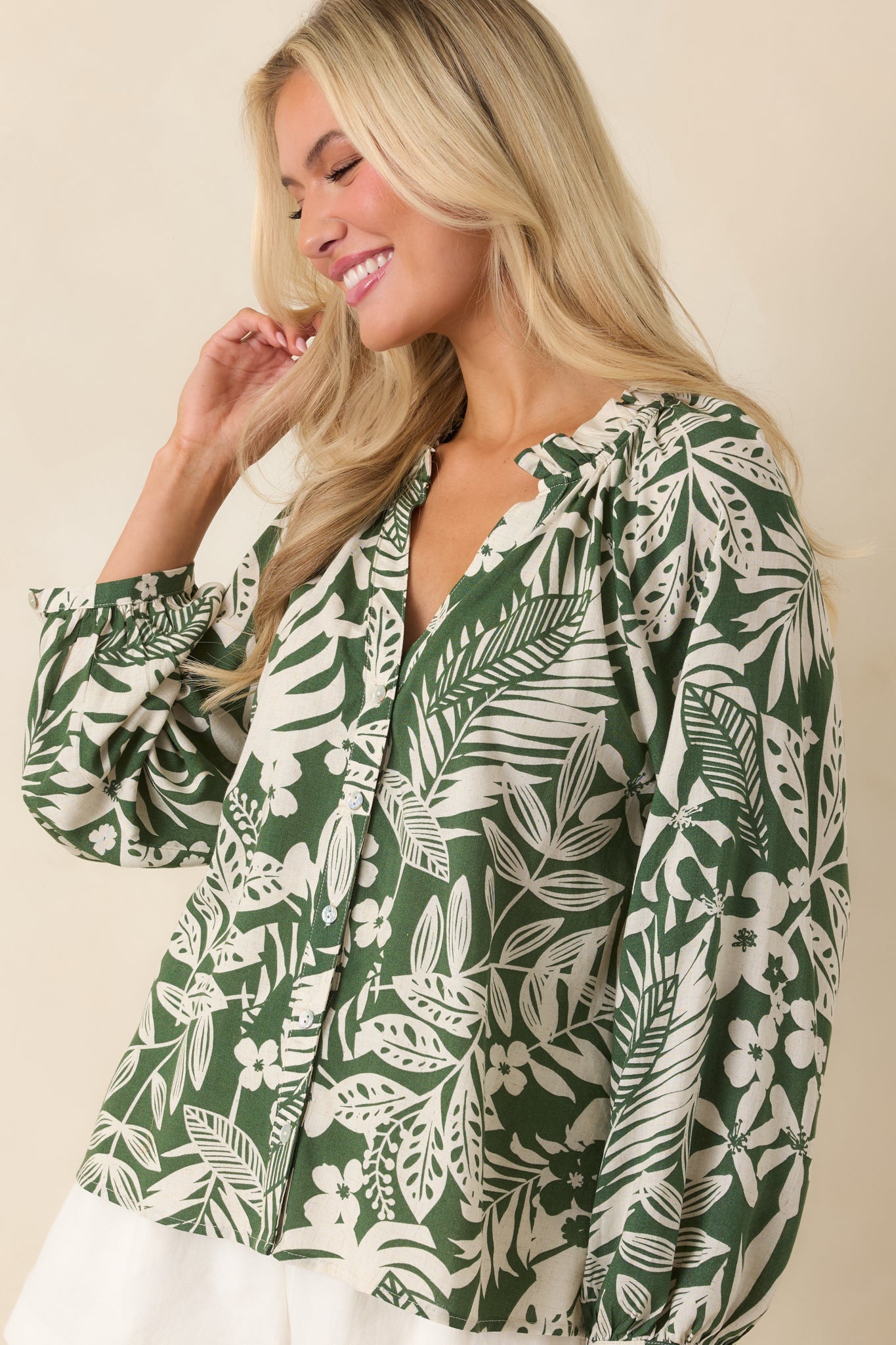 Jungle Luxe Green Tropical Print Button Front Top