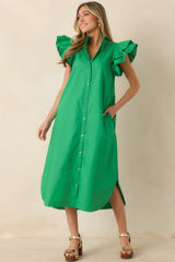 Exactly As Planned Green Cotton Ruffle Button-Front Midi Dress