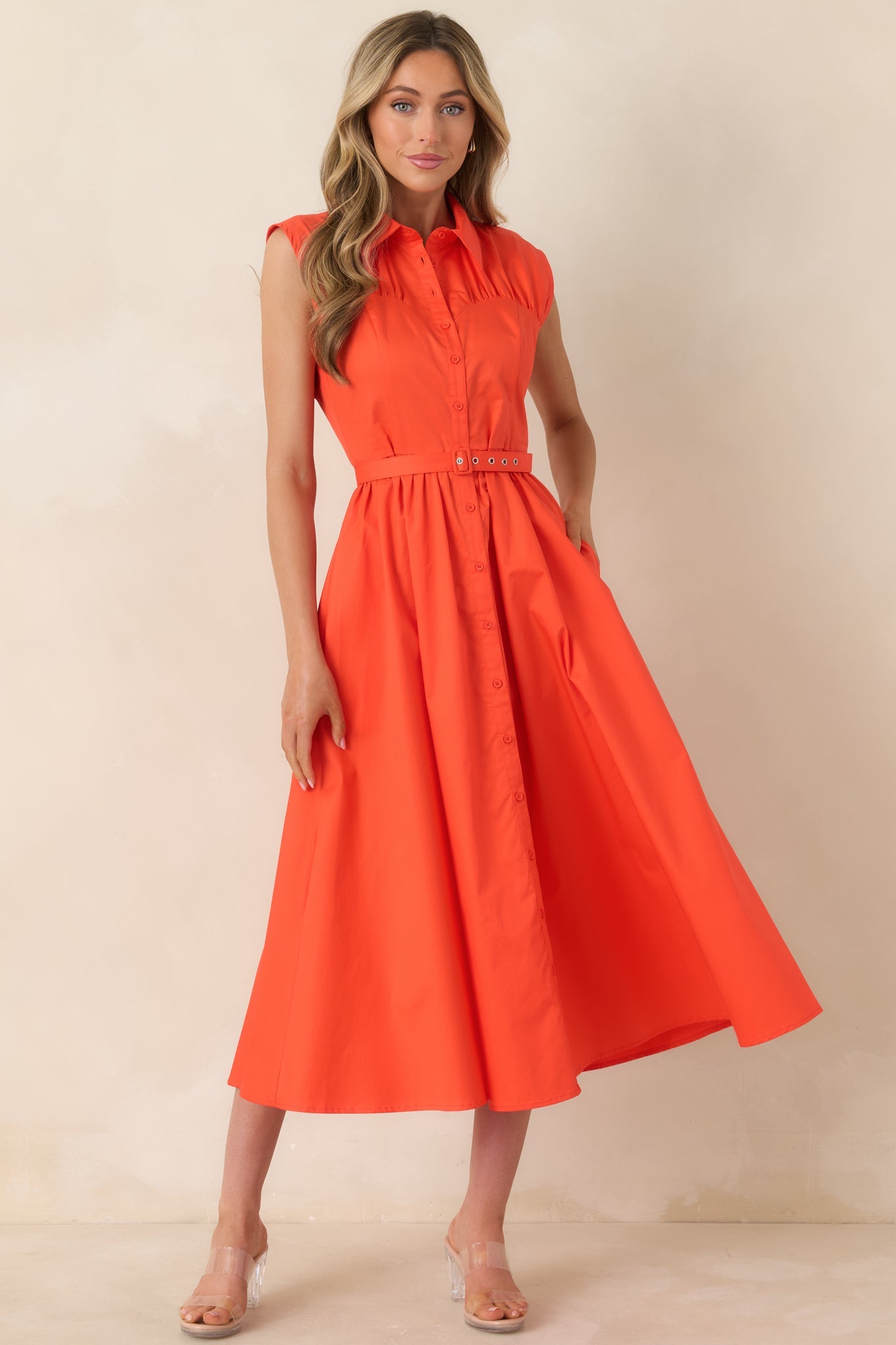 Hello Gorgeous Orange Cotton Belted Sleeveless Midi Dress