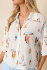 Set Sail With Me Ivory Multi Sailboat Print Blouse