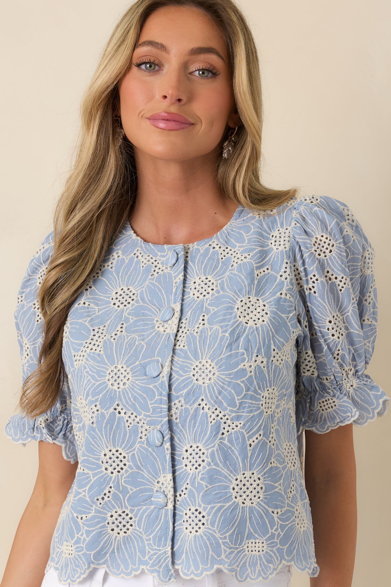 Look At You Blue Cotton Floral Embroidered Button Front Top