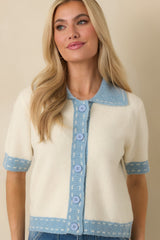 Clubhouse Chic Blue & Ivory Contrast Trim Button-Front Knit Polo Cardigan