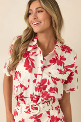 Feeling Fabulous Ivory & Red Floral Cotton Button Front Top
