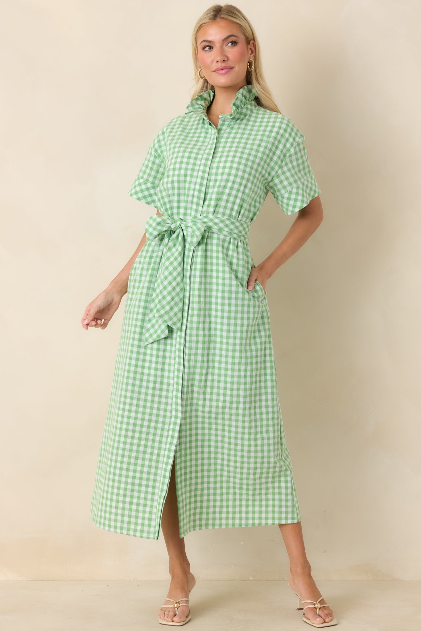 Check Me Out Green Gingham Ruffle Collar Belted Maxi Dress