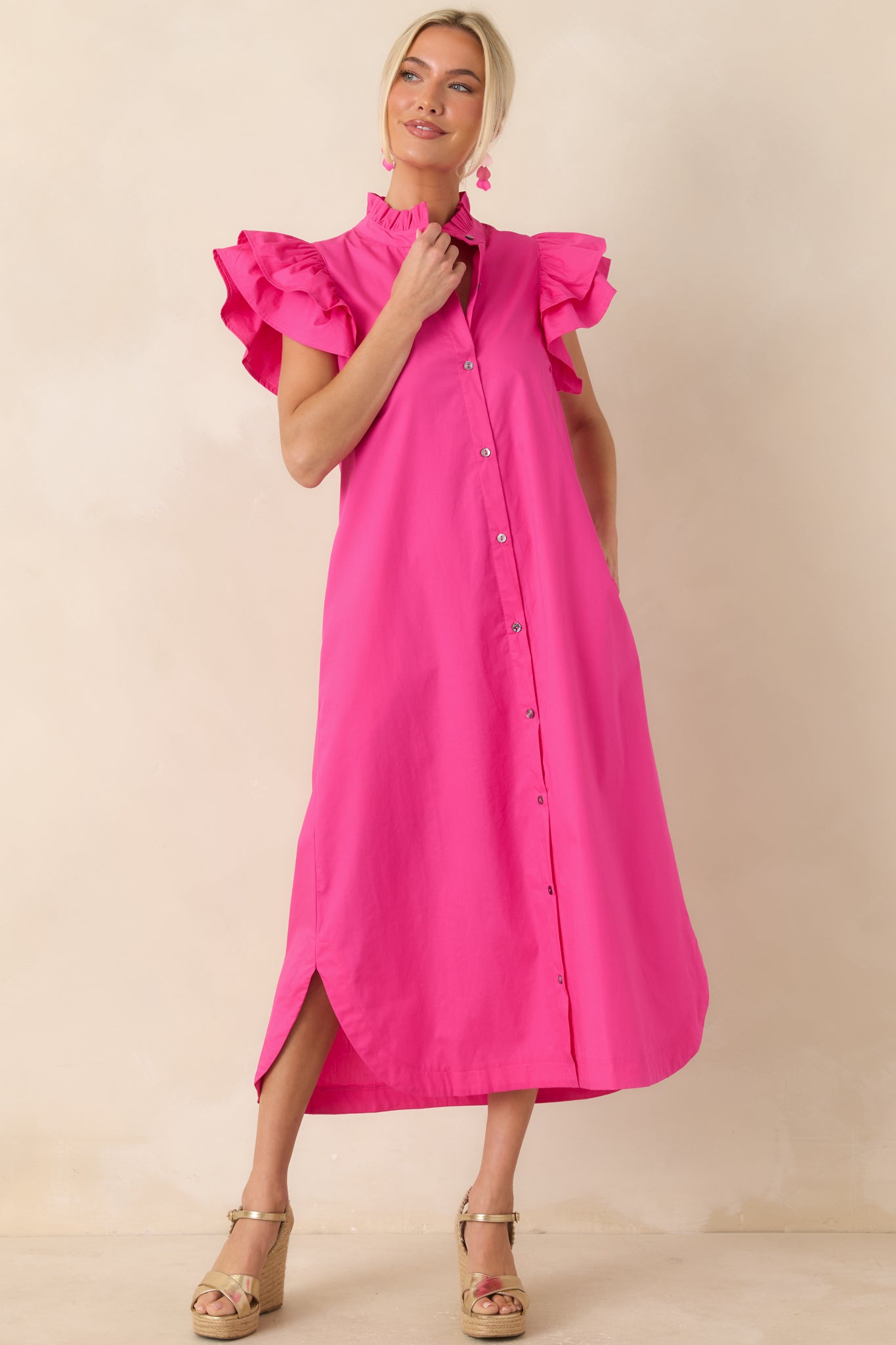 Exactly As Planned Fuchsia Cotton Ruffle Button-Front Midi Dress
