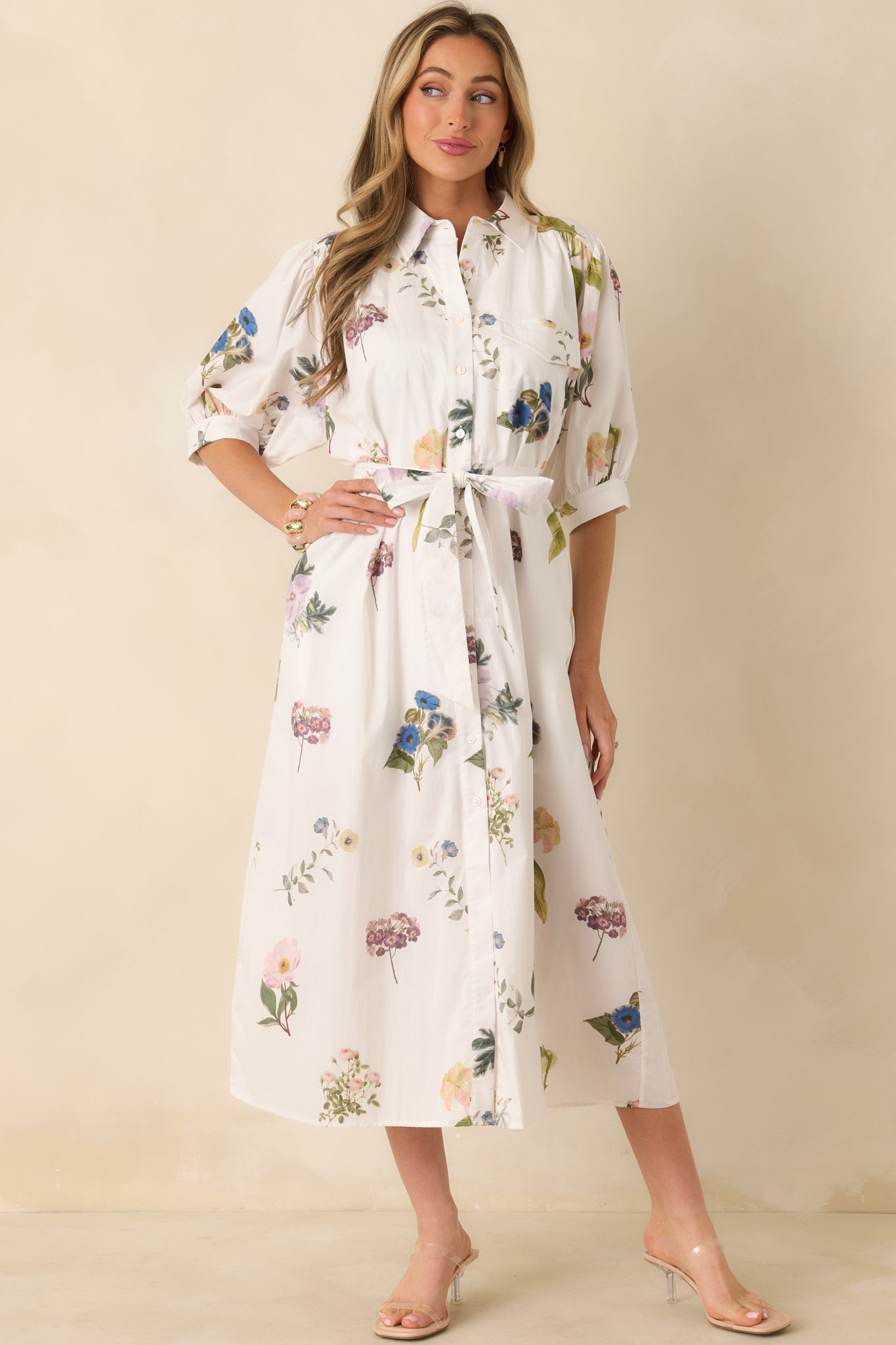 Garden Afternoon Ivory Multi Cotton Floral Print Button Front Belt Tie Midi Dress