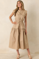 Ready For Anything Tan Button Front Utility Midi Dress