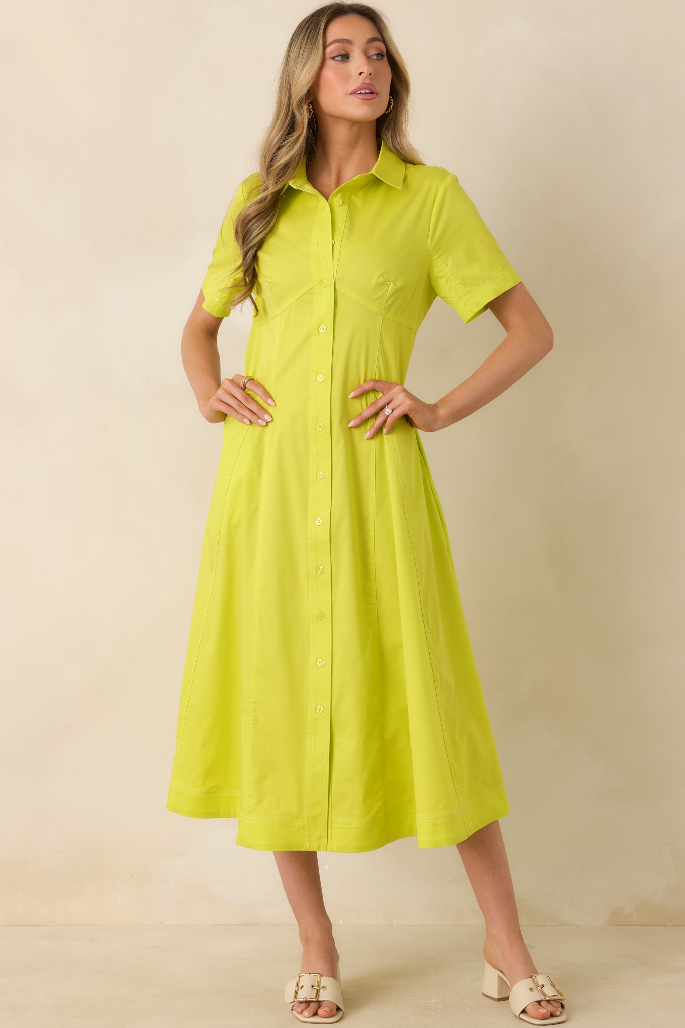 Make It Look Easy Chartreuse Short Sleeve Midi Shirt Dress