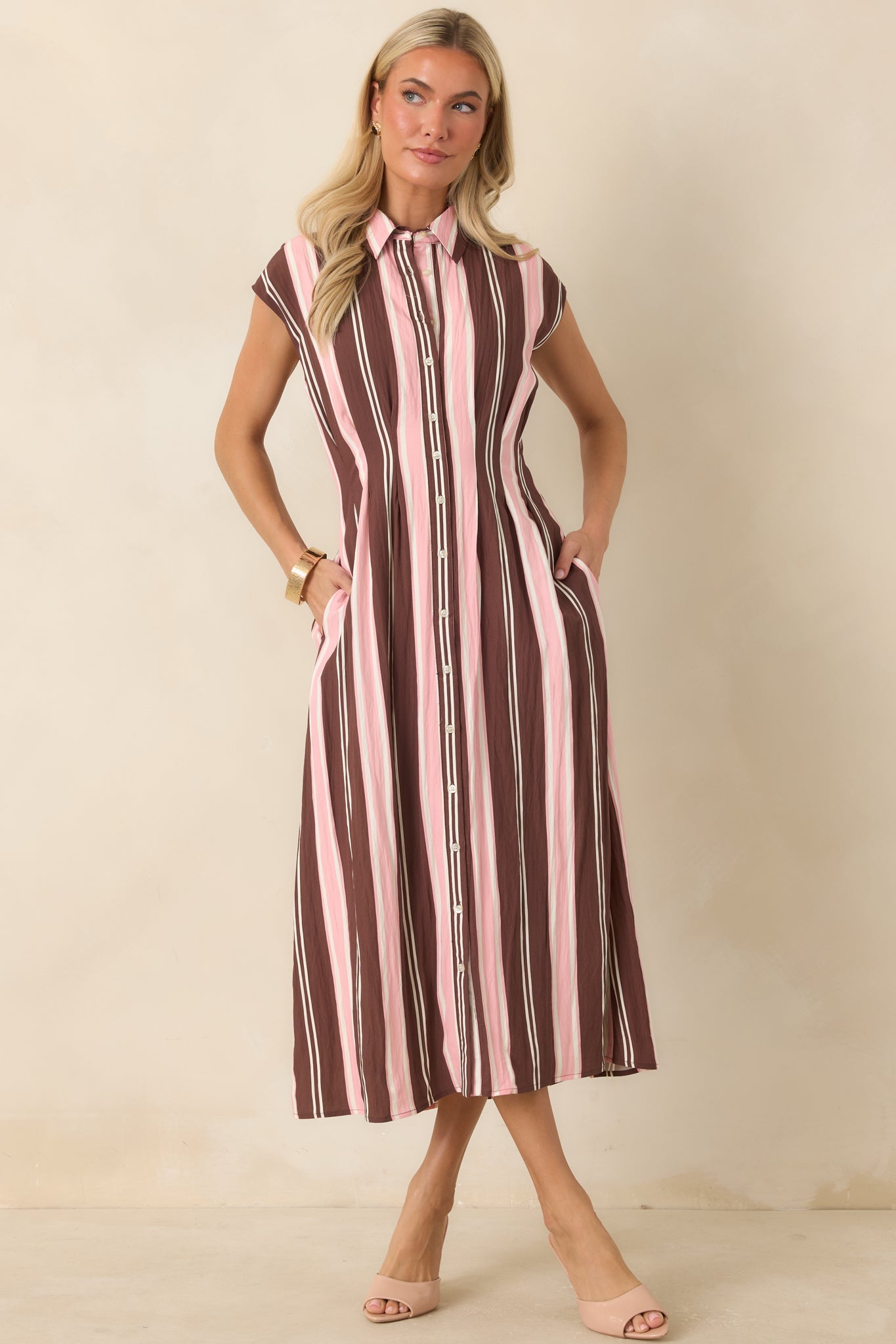 Coffee & Conversation Brown & Pink Stripe Midi Shirt Dress