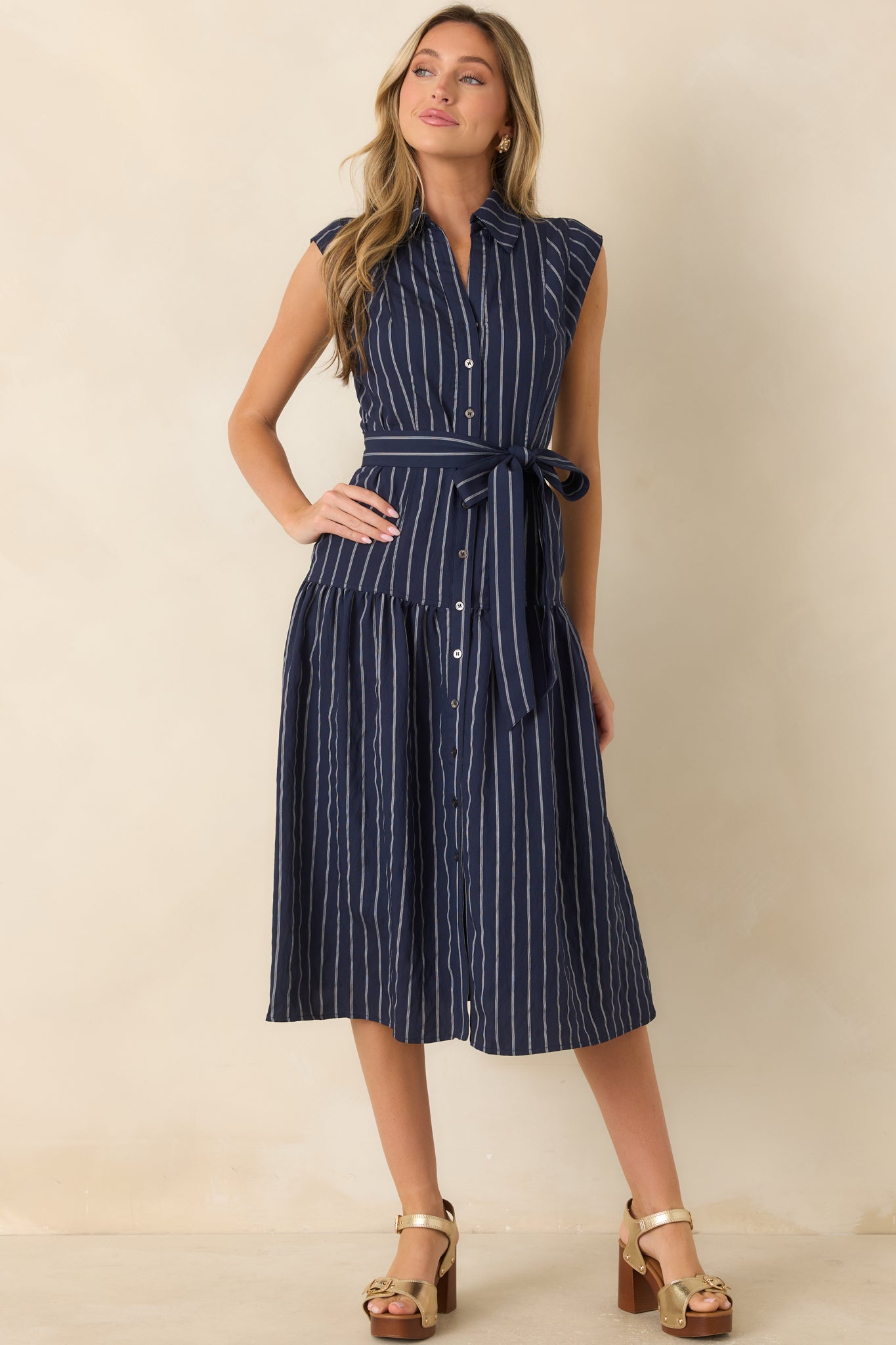 Always On Course Navy Striped Button Front Midi Dress