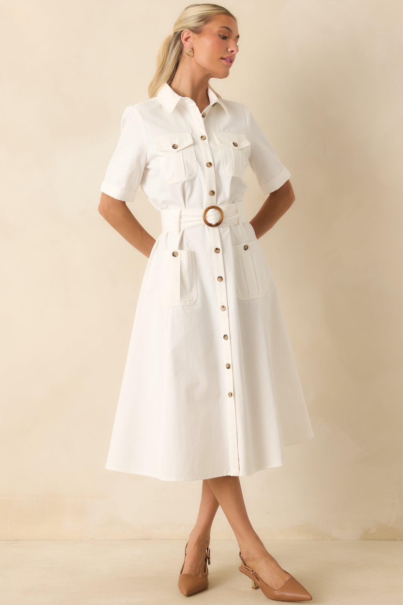 Prosperina Bentley White Cotton Twill Utility Midi Dress