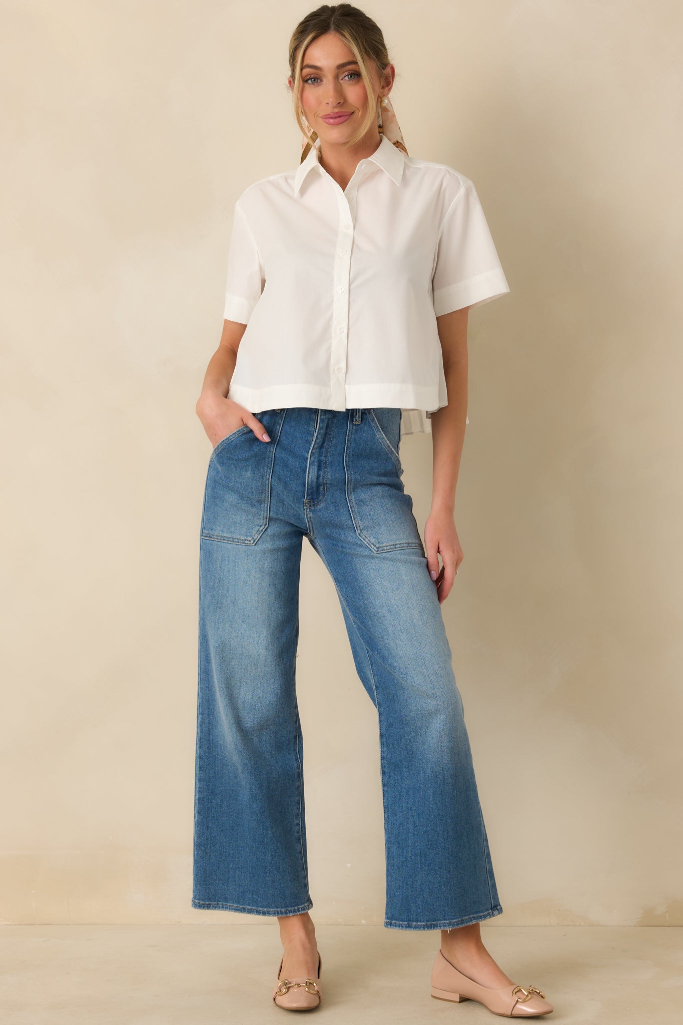 Duly Noted White Pleated Back Button-Up Blouse