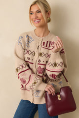 Morning Brew Beige Multi Coffee & Pastry Knit Button Up Cardigan