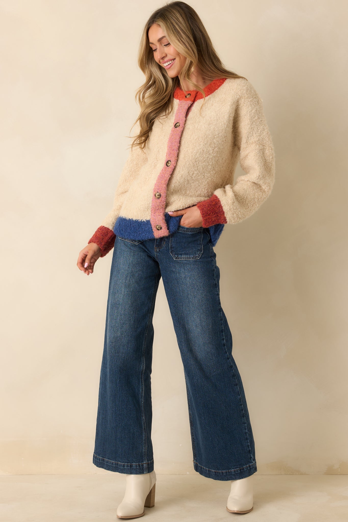 FRNCH Cyclamen Ivory Multi Knit Color Block Cardigan