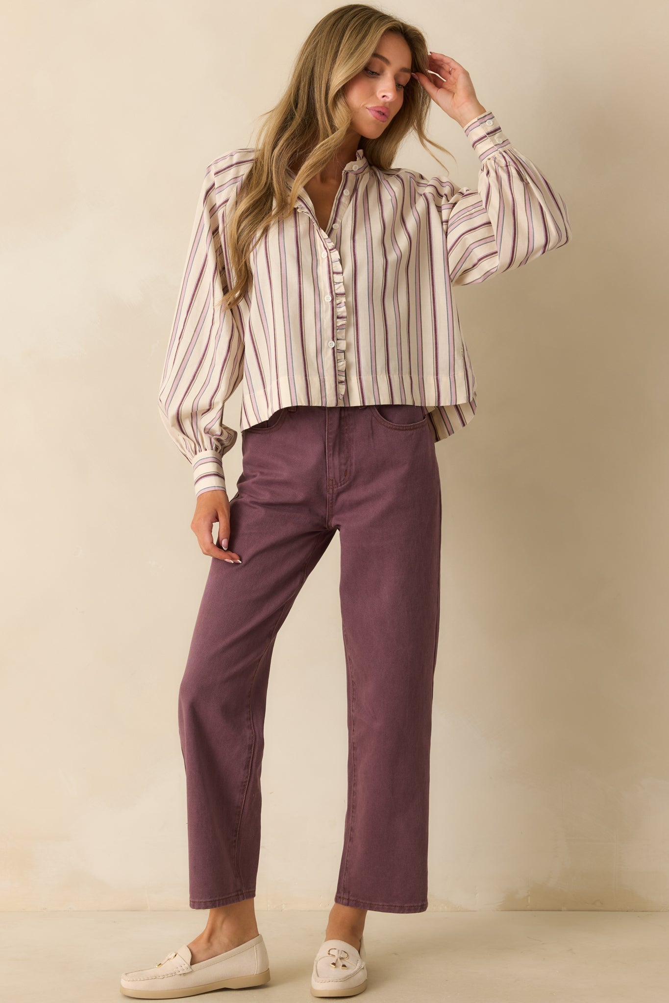 FRNCH Ivory & Lilac Striped Button Up Molly Shirt