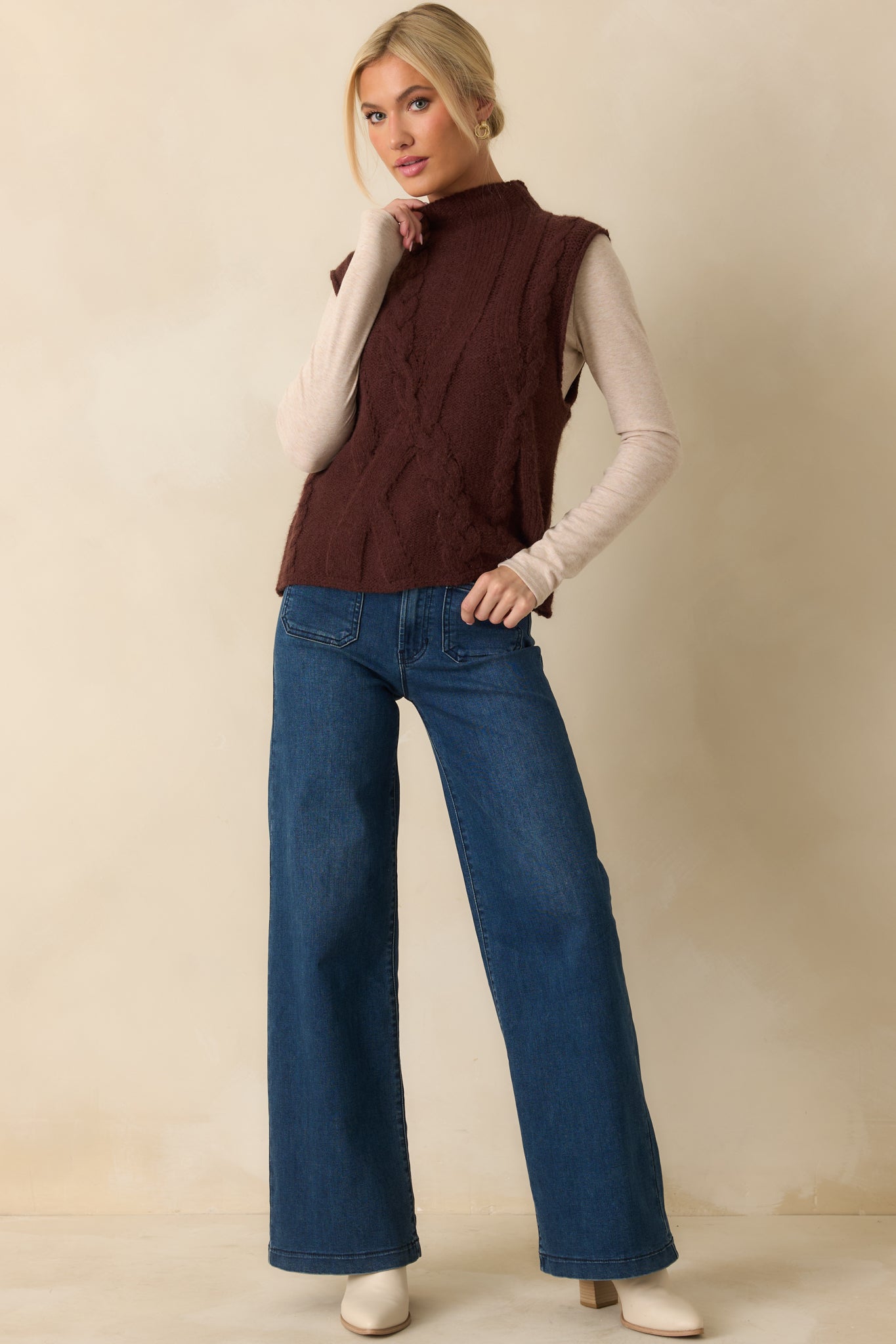 Cuddle Up Close Chocolate Brown Cable Knit Sweater Vest