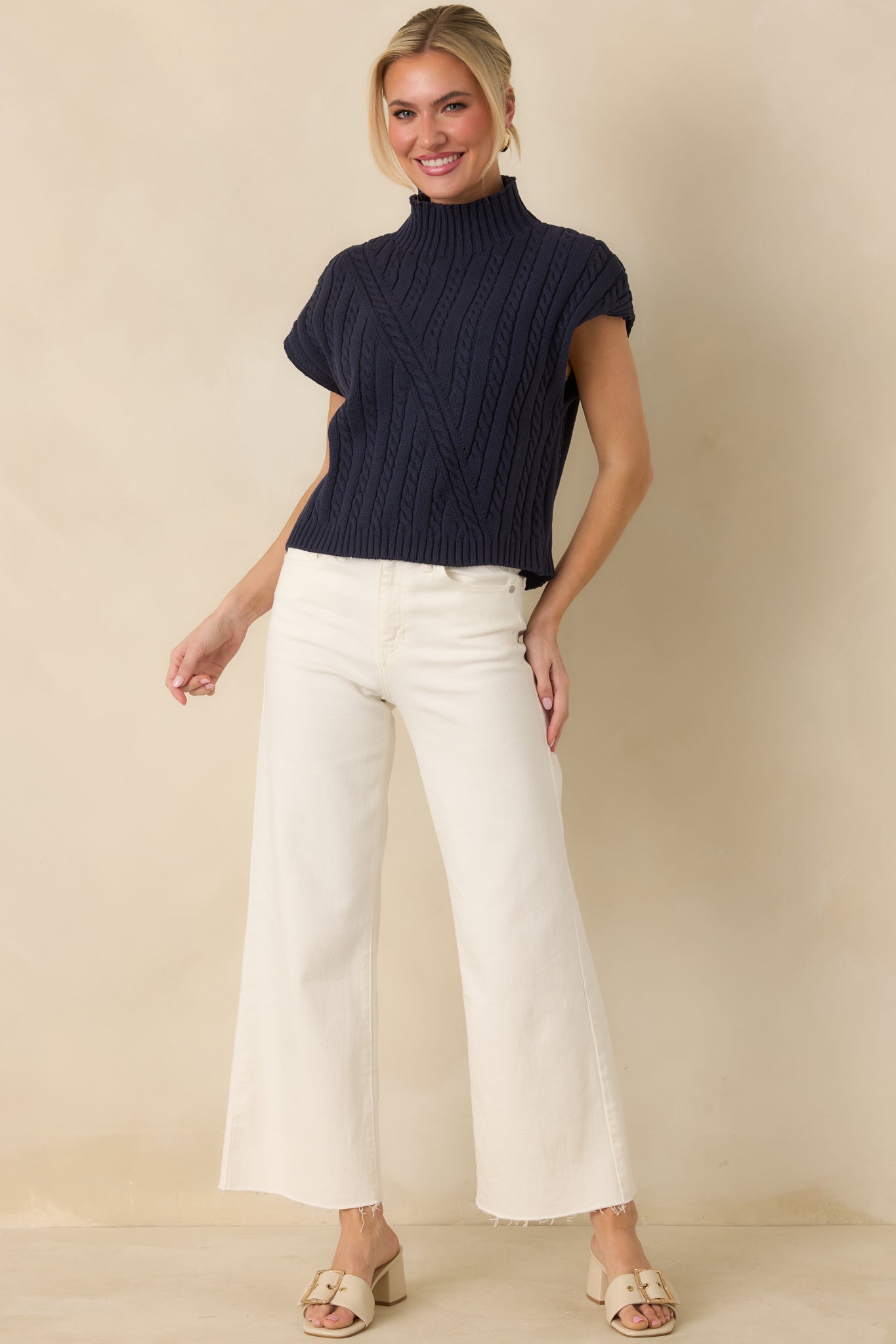 I'm Sure of It Navy Cable Knit Sleeveless Mock Neck Sweater