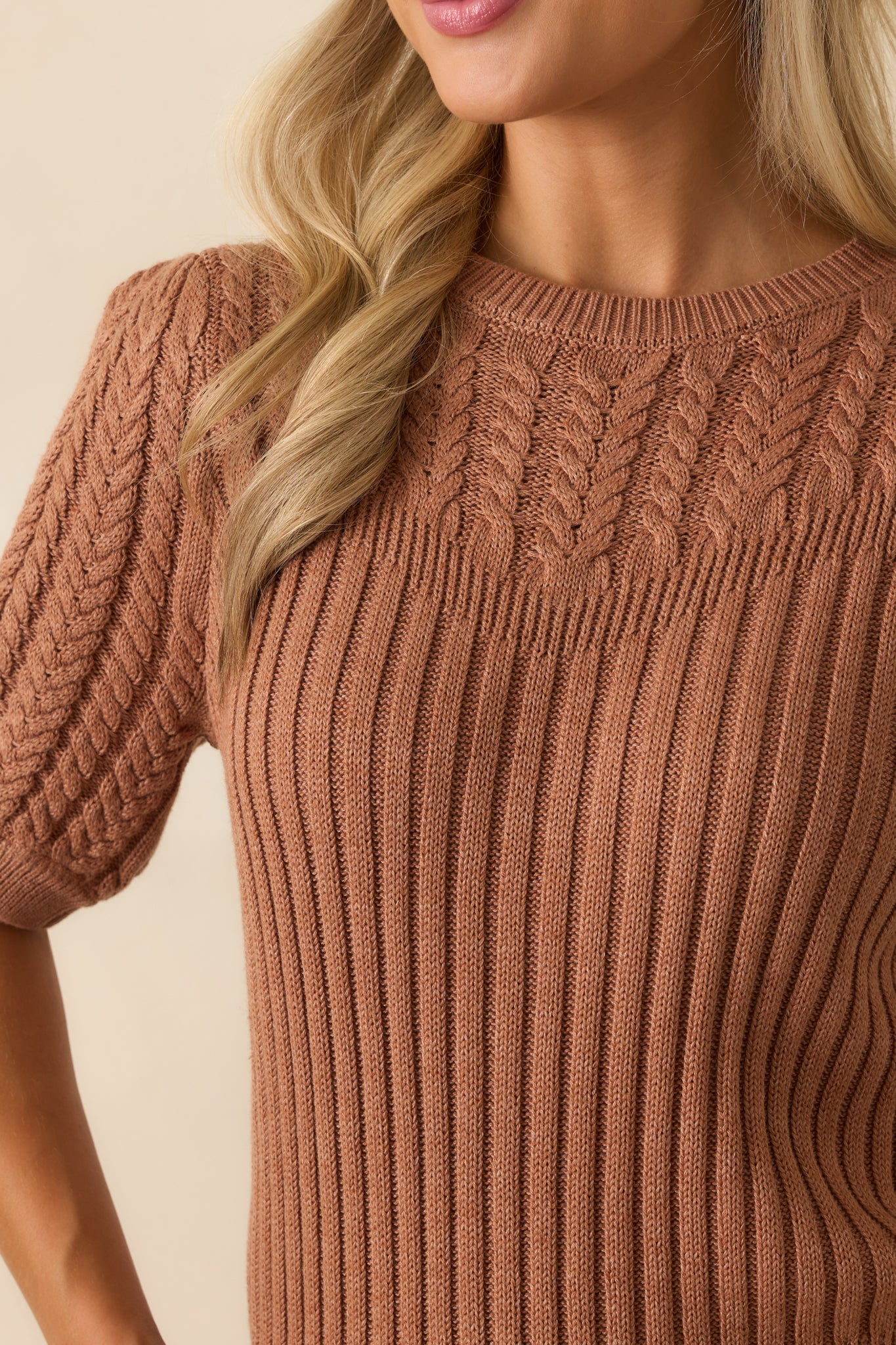 Don't Doubt It Clay Brown Cable Knit Short Sleeve Ribbed Sweater
