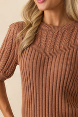 Don't Doubt It Clay Brown Cable Knit Short Sleeve Ribbed Sweater