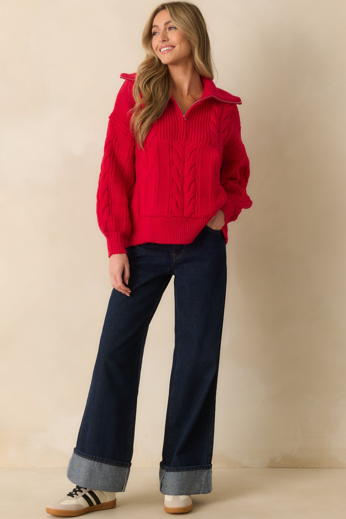 Day After Day Red Cable Knit Quarter Zip Pullover Sweater