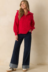 Day After Day Red Cable Knit Quarter Zip Pullover Sweater