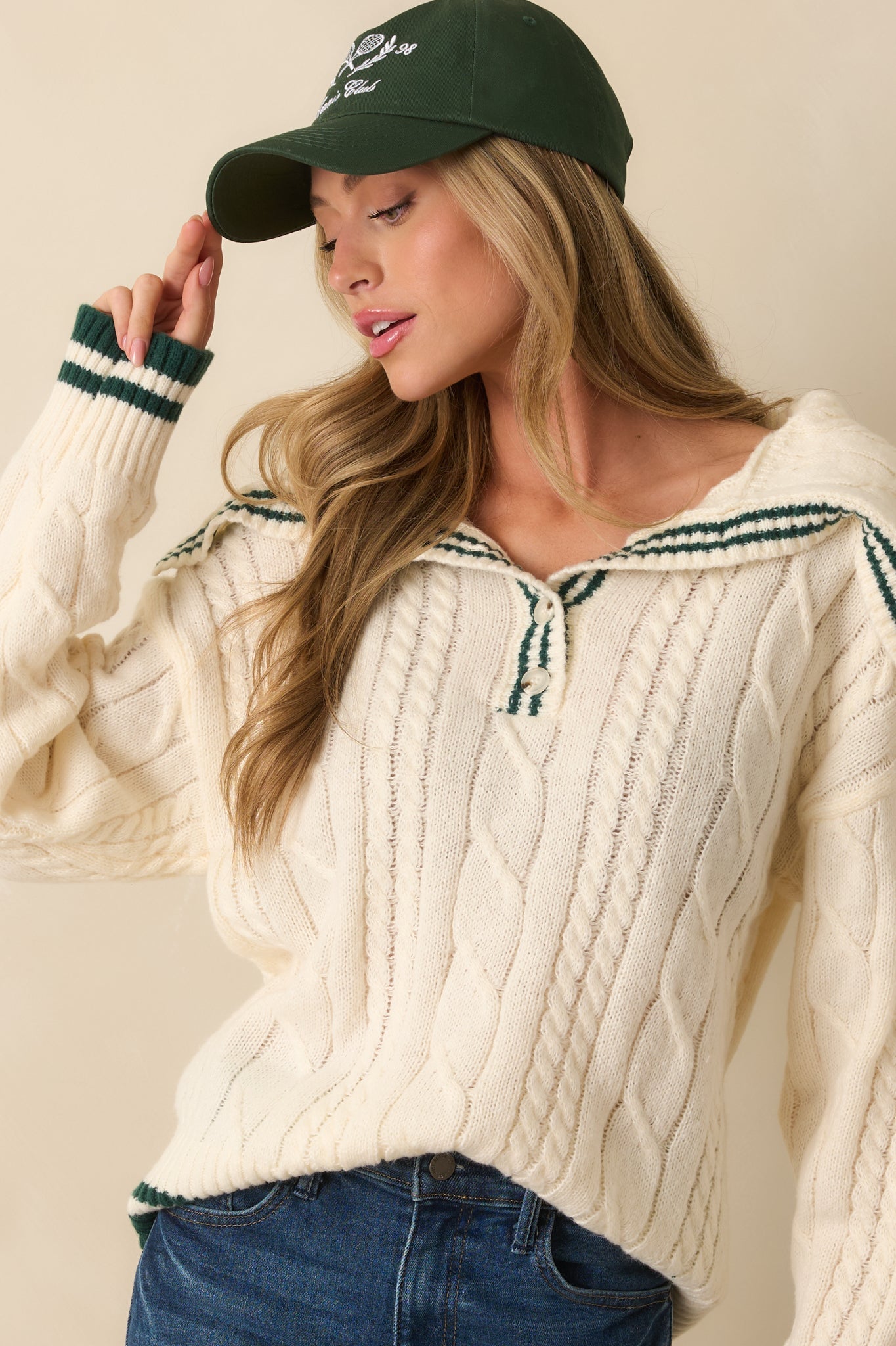Just Going With It Ivory Cable Knit Contrast Trim Collared Sweater