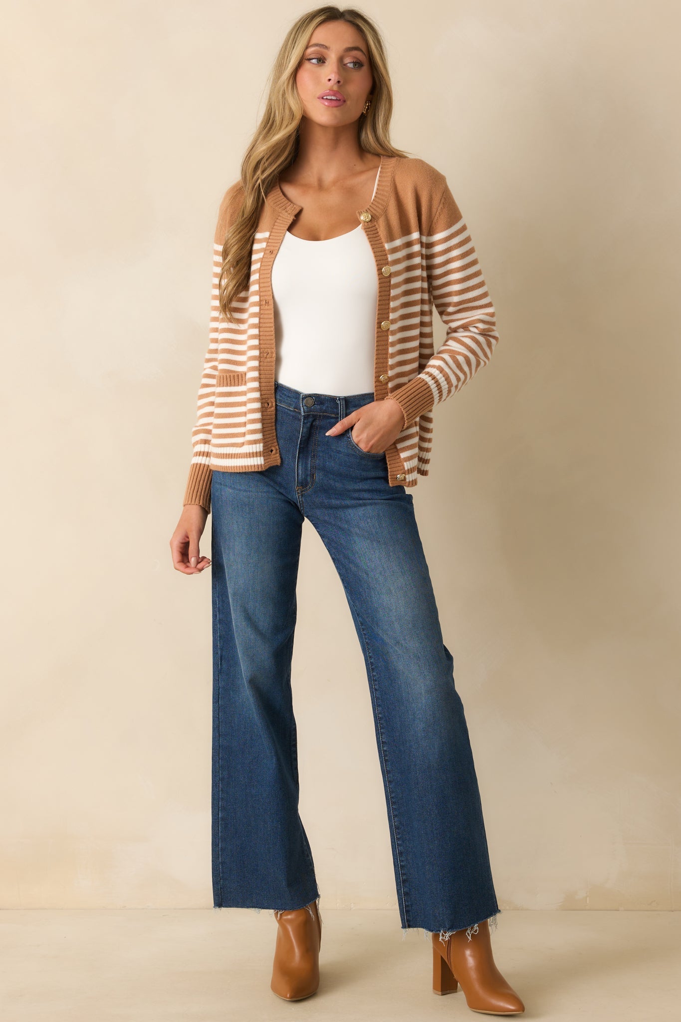 Right On Schedule Camel Brown Stripe Long Sleeve Button Up Cardigan