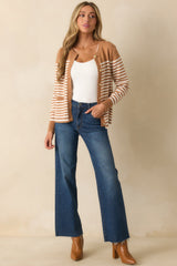 Right On Schedule Camel Brown Stripe Long Sleeve Button Up Cardigan