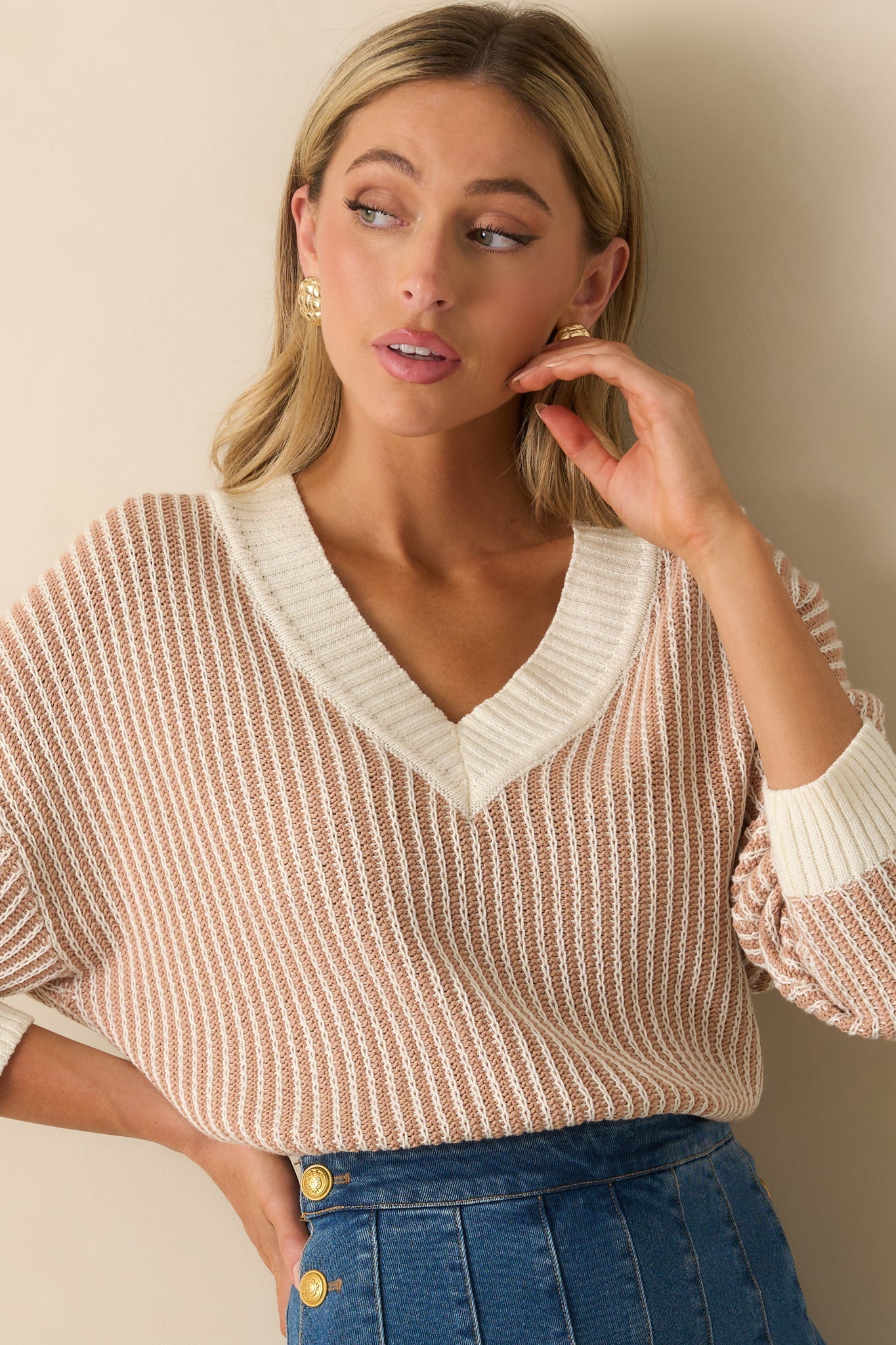 MINKPINK Camel Brown Elsie Knit V-Neck Sweater