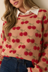 Tell It Like It Is Camel Brown Cherry Knit Long Sleeve Sweater