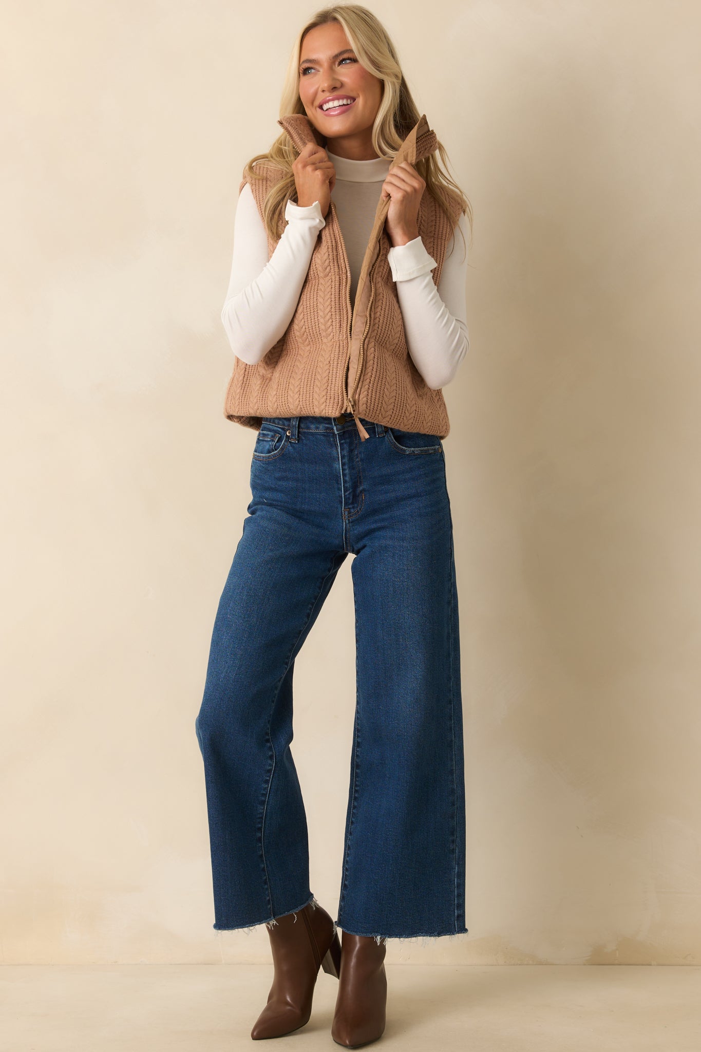 Thread & Supply Stormi Camel Brown Cable Knit Puffer Vest