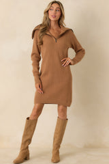 Ease Into It Camel Brown Knit Half-Zip Funnel Collar Longline Sweater Dress